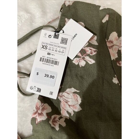 Zara Floral Lace-Up Crop Top XS Green & Pink Linen Blend - Picture 5 of 10